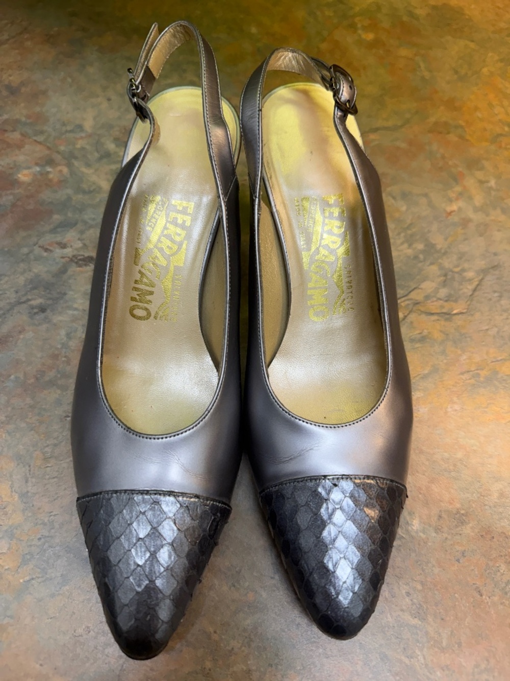 Ferragamo Metallic Grey Heels 7.5